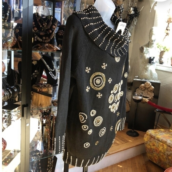 Vtg 80s black knit gold beads "Dynasty" style cotton tunic cowl sweater sz S - Picture 3 of 16